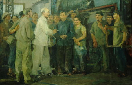 Bác Hồ với công nhân xe lửa Gia Lâm (tranh của họa sĩ Phạm Lung, sáng tác năm 1969)_Ảnh: Tư liệu